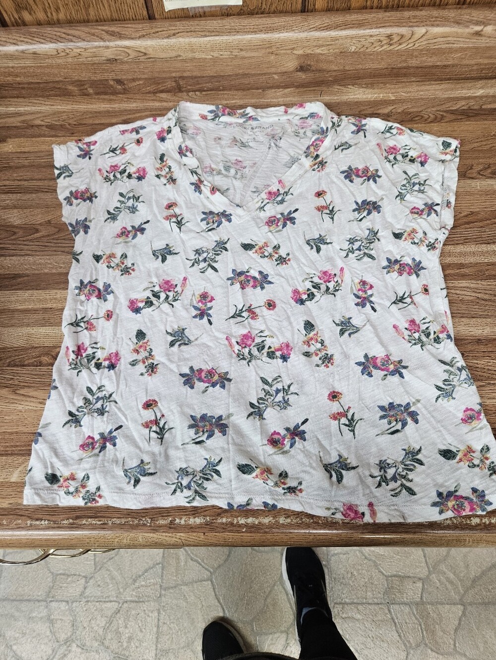 Lucky Brand White V-Neck Short Sleeve Tee with Pink & Green Floral Print